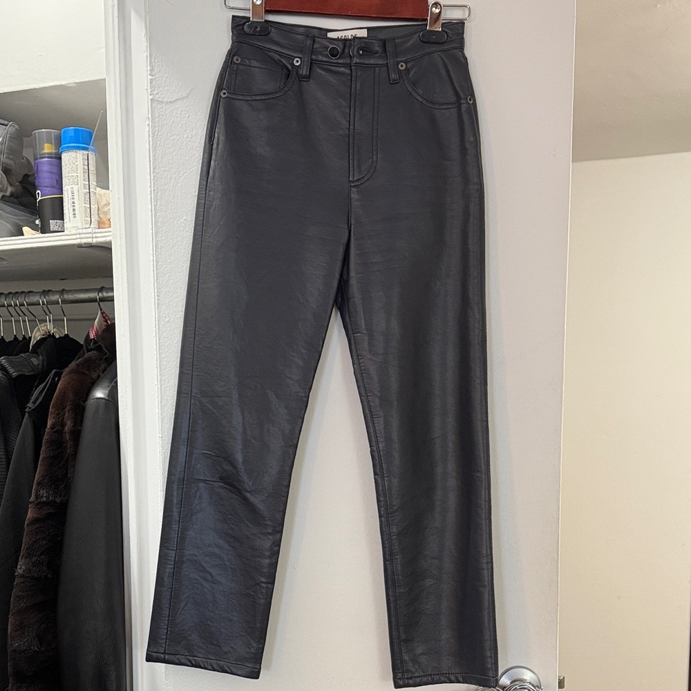 AGOLDE 90'S PINCH WAIST HIGH RISE STRAIGHT LONG NAVY FAUX LEATHER JEANS SIZE 23